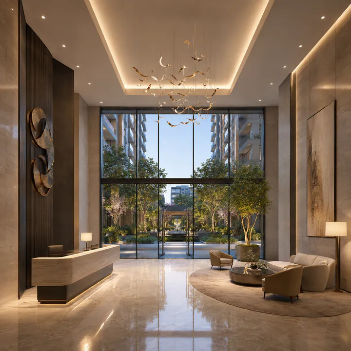 Adarsh Bellahalli double-height entrance lobby with landscaped forecourt beyond