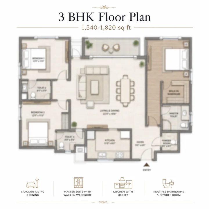 Adarsh Bellahalli 3 BHK apartment floor plan, 1,540–1,820 sq ft